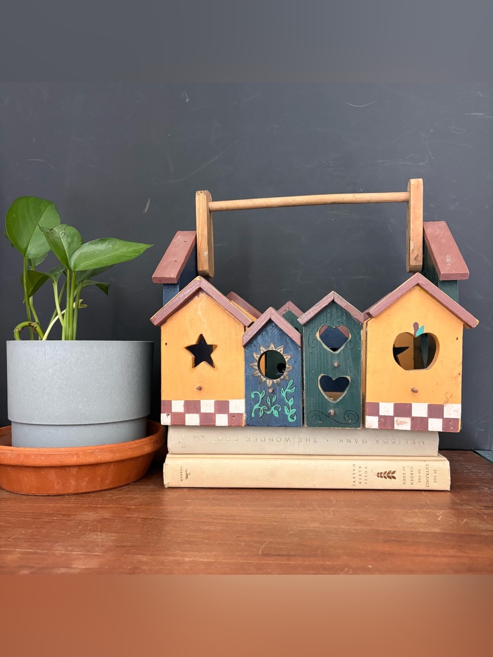 Handcrafted Wooden Birdhouse Basket - Yellow & Green